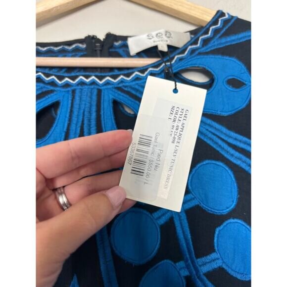 NWT Sea New York Gael Applique Long Sleeve Cutout Tunic Mini Dress Blue Size: L - Picture 5 of 8